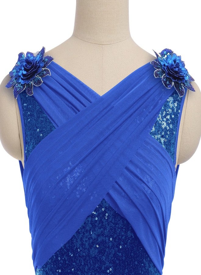 AFAVOM Women's Lyrical Dance Costume Sleeveless V-Neck Sequin Flower Lyrical Dance Dress Asymmetric Flowy Mesh Tulle Skirt Contemporary Dance Costumes Ballet Leotard Dancewear Royal Blue S - Image 4